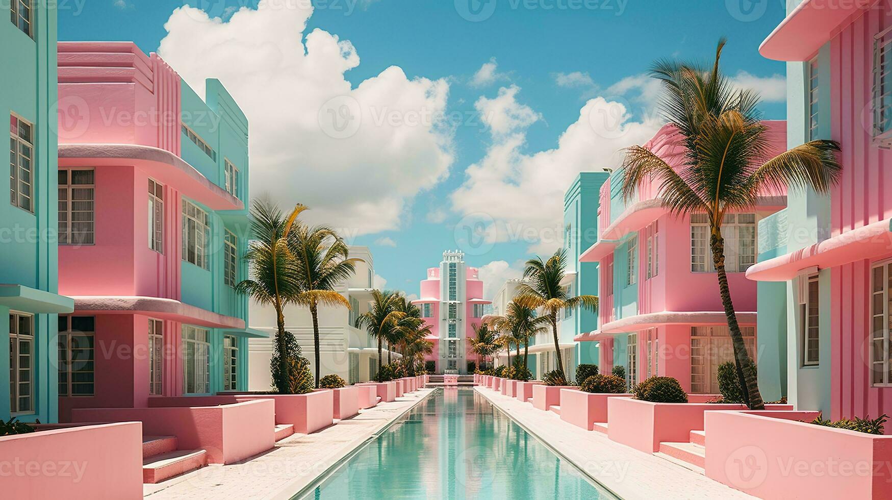 AI generated Generative AI, surreal Miami city with deco retro buildings, pink and blue colors, summer vibes photo