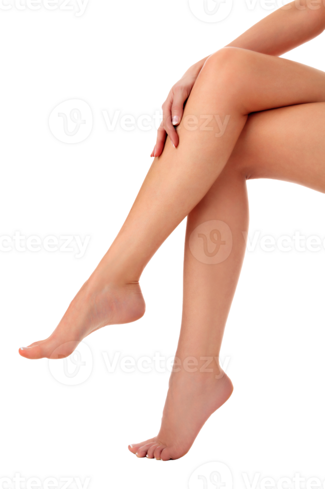 Closeup shot of beautiful female legs and hands. Woman touches her smooth skin with french manicured hands. Isolated png