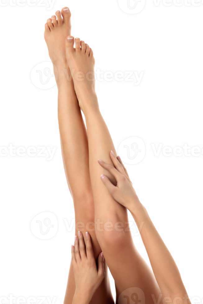 Closeup shot of beautiful female legs and hands. Woman touches her smooth skin with french manicured hands. Isolated png