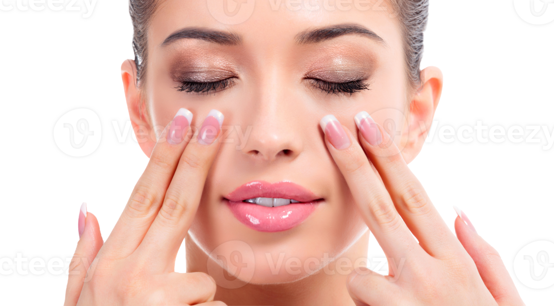 Pretty woman massaging her face png