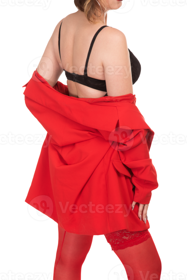 sexy mulher dentro Preto lingerie e vermelho jaqueta, isolado png