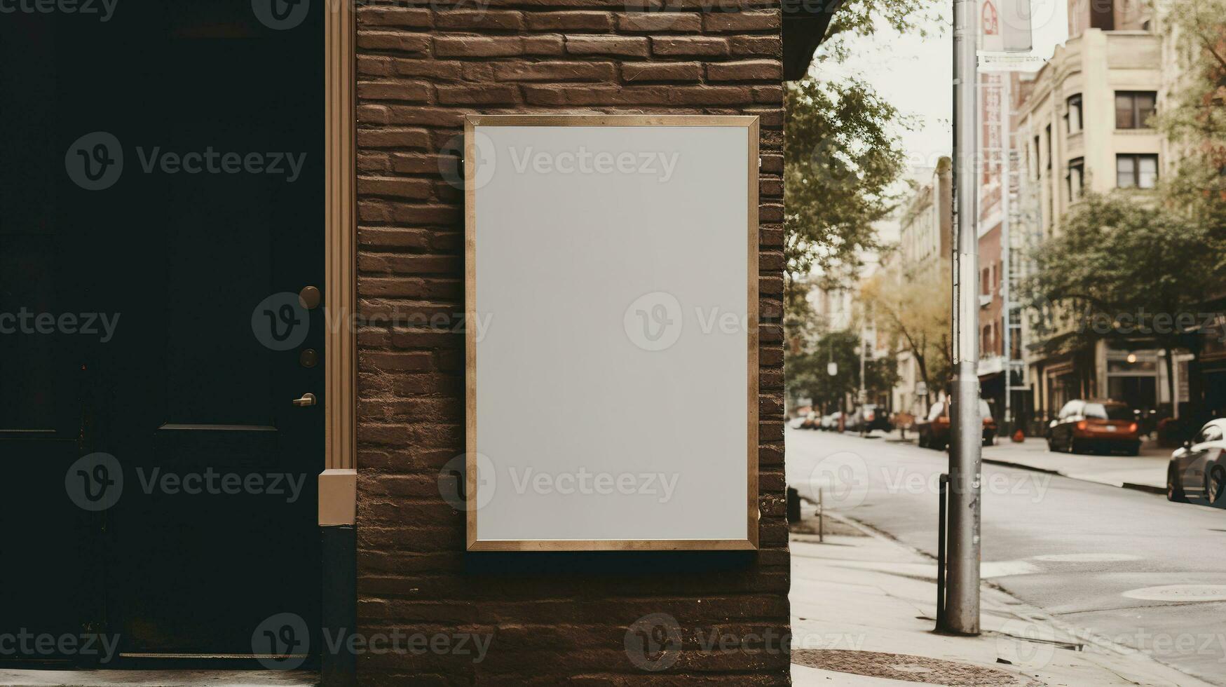 AI generated Generative AI, coffee shop street poster or signboard mock up for logo design, brand presentation, aesthetic muted neutral colors, on the wall outdoor photo