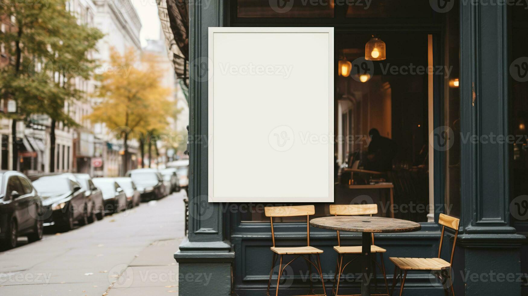 AI generated Generative AI, coffee shop street poster or signboard mock up for logo design, brand presentation, aesthetic muted neutral colors, on the wall outdoor photo