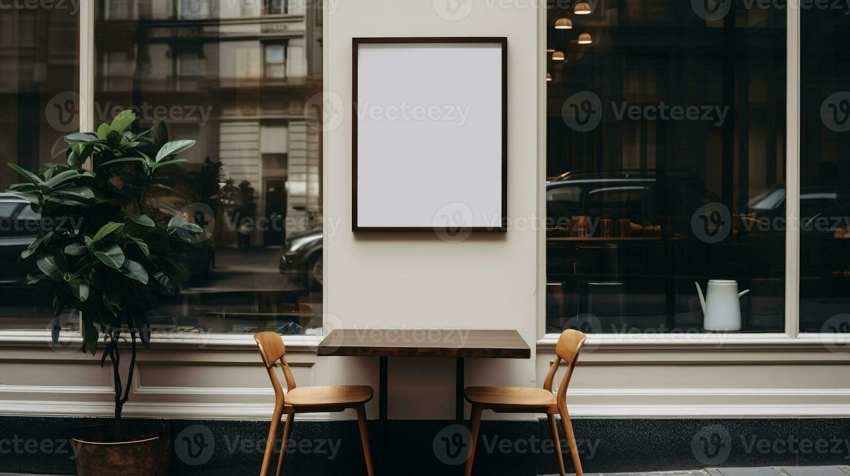 AI generated Generative AI, coffee shop street poster or signboard mock up for logo design, brand presentation, aesthetic muted neutral colors, on the wall outdoor photo