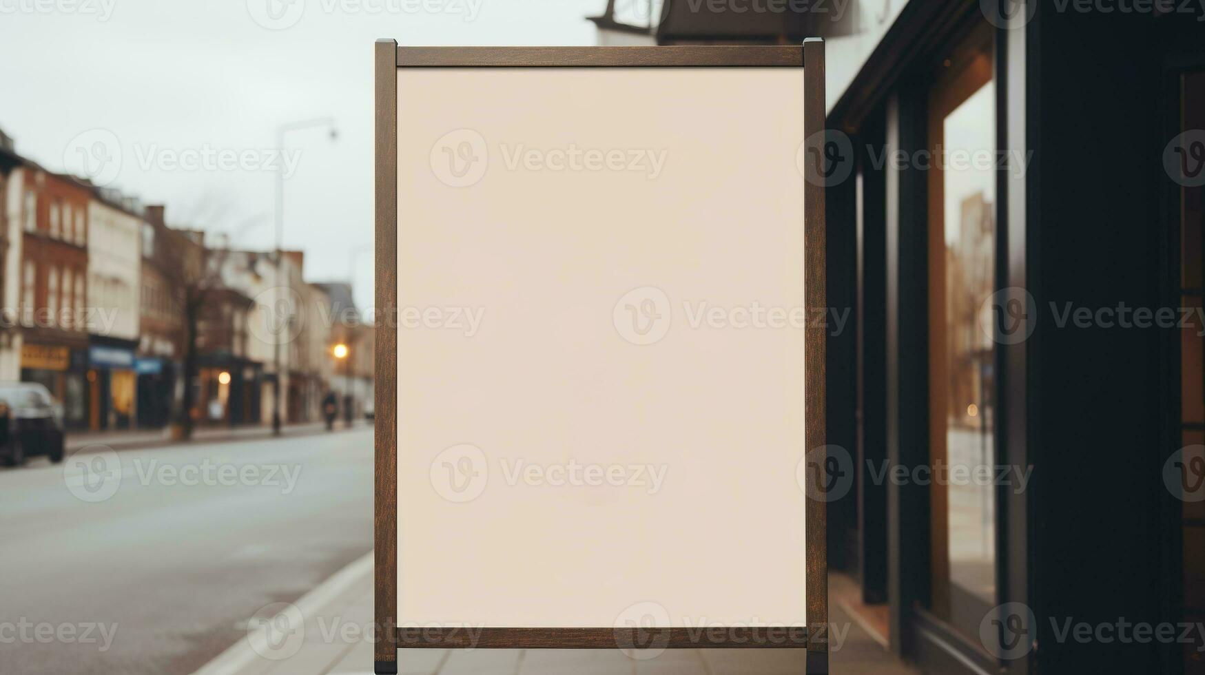 AI generated Generative AI, coffee shop street poster or signboard mock up for logo design, brand presentation, aesthetic muted neutral colors, on the wall outdoor photo