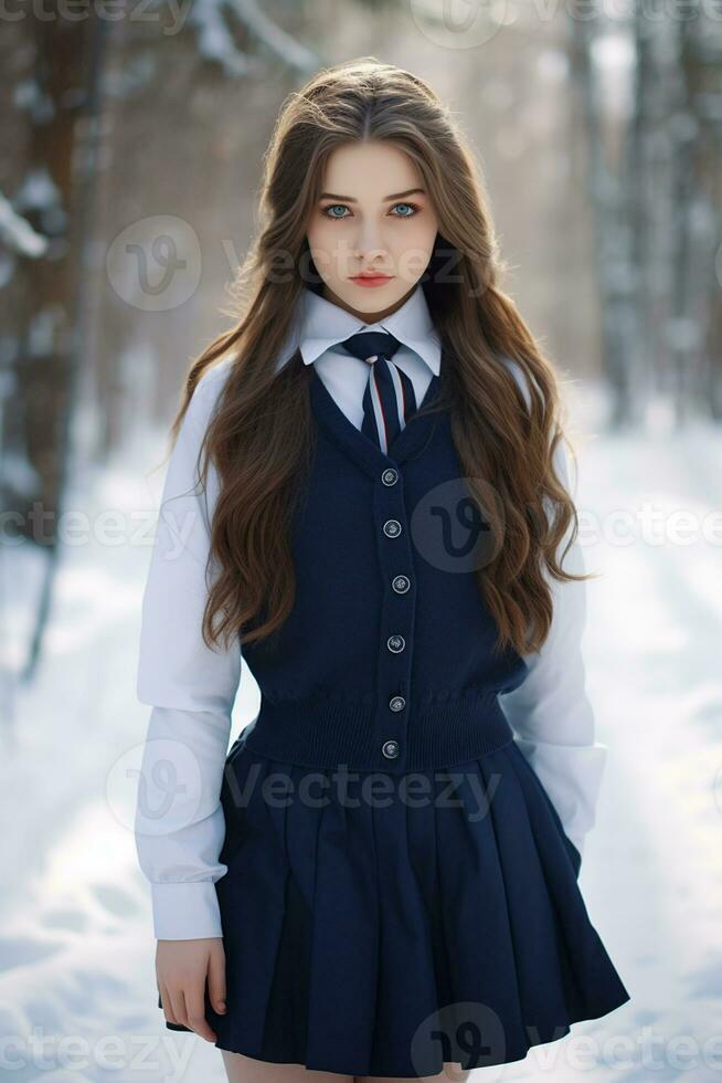 ai generado un hermosa ruso alto colegio estudiante niña en colegio uniforme al aire libre en invierno foto