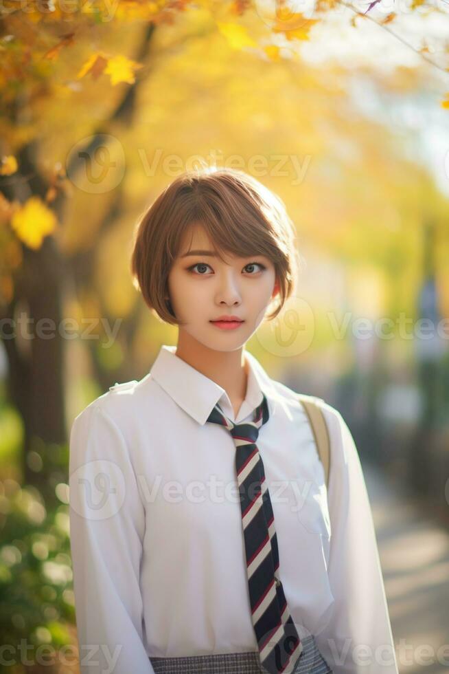 AI generated a gorgeous young japanese high school student girl with short hair in a school uniform outdoors photo