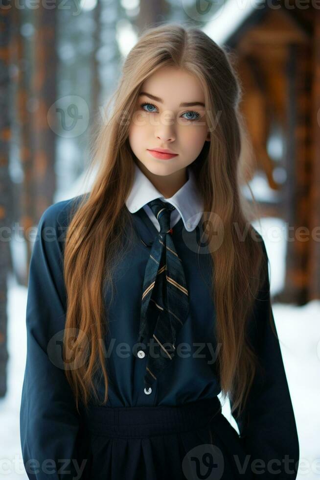 AI generated a beautiful Russian high school student girl in school uniform outdoors in winter photo