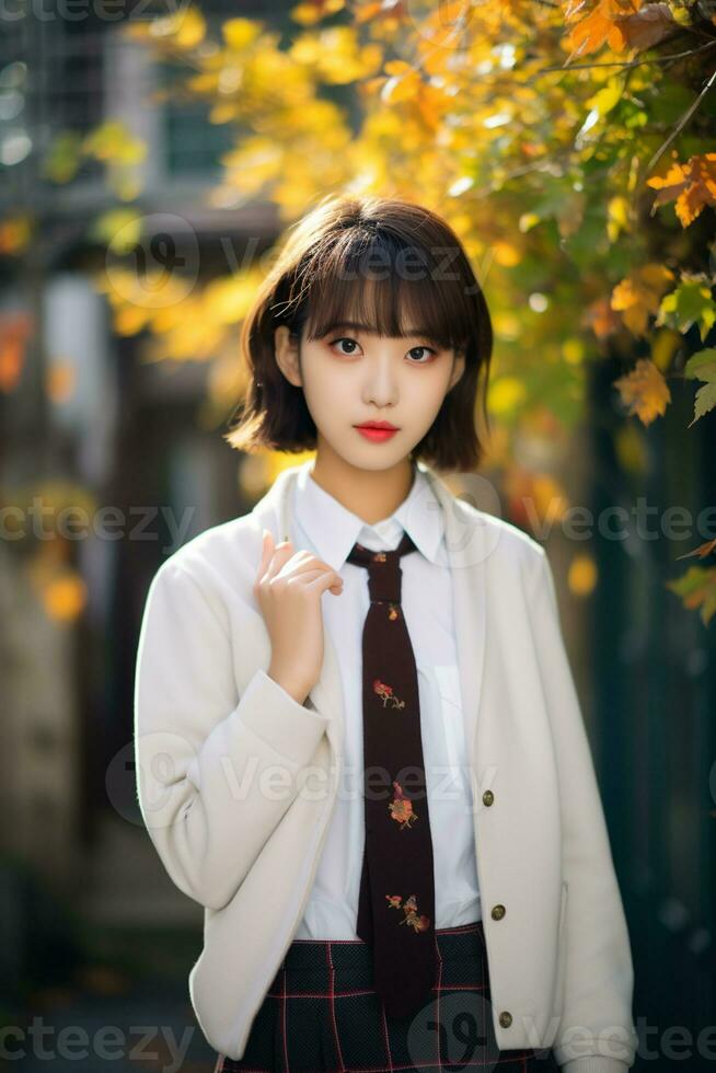 AI generated a gorgeous young japanese high school student girl with short hair in a school uniform outdoors photo