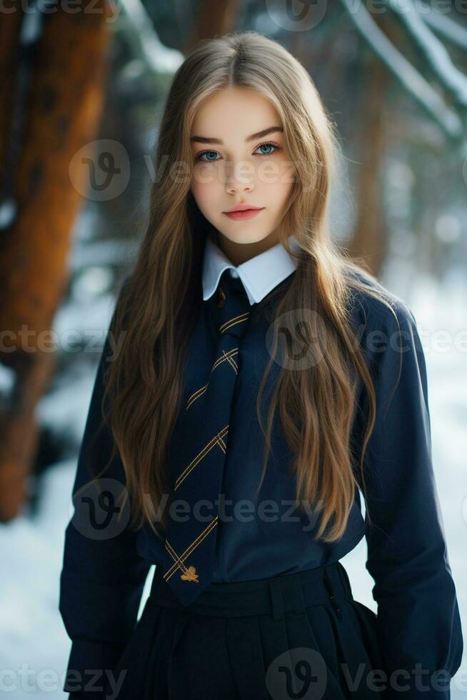 AI generated a beautiful Russian high school student girl in school uniform outdoors in winter photo