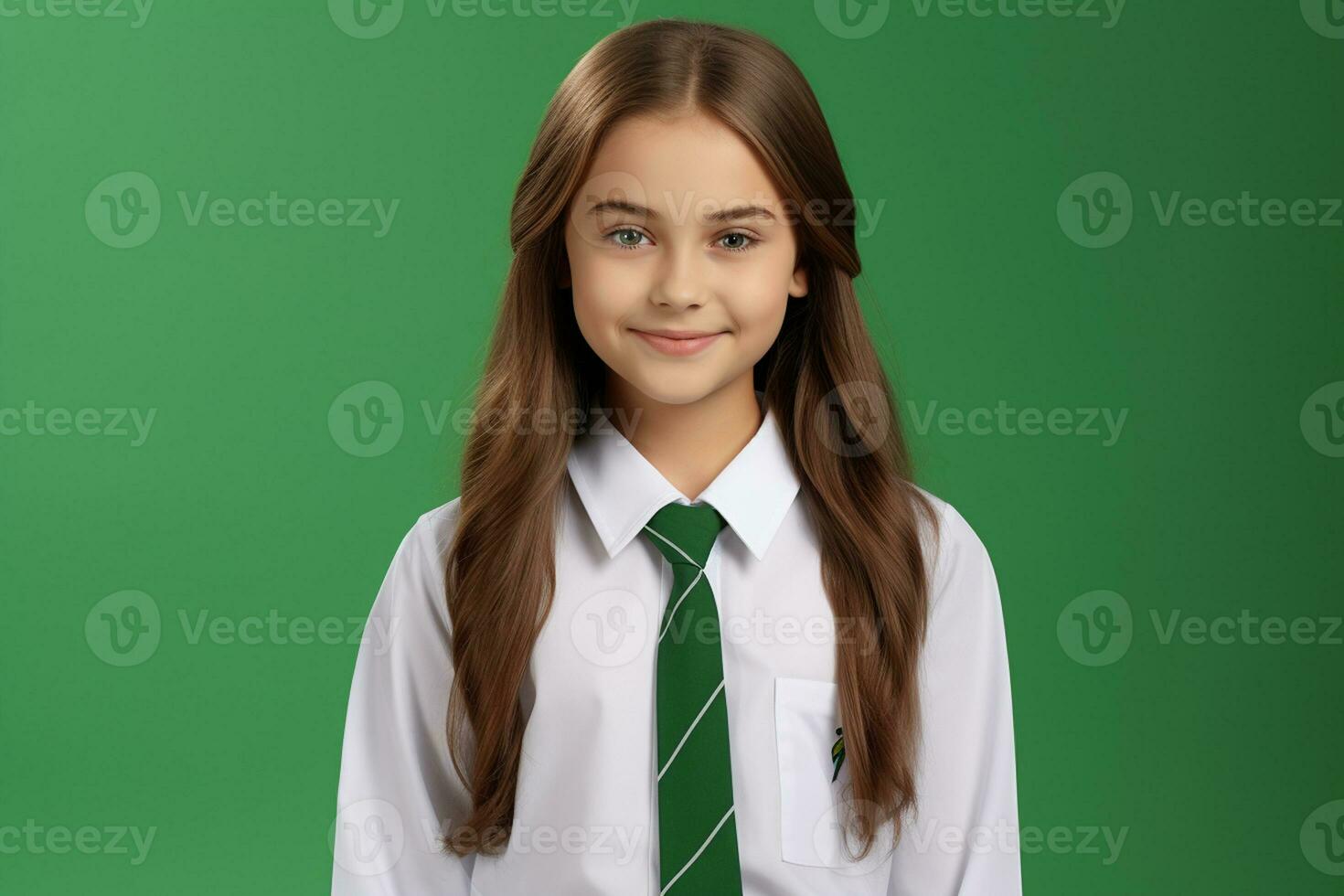 ai generado un hermosa joven ruso alto colegio estudiante niña en un colegio uniforme aislado en un verde antecedentes foto