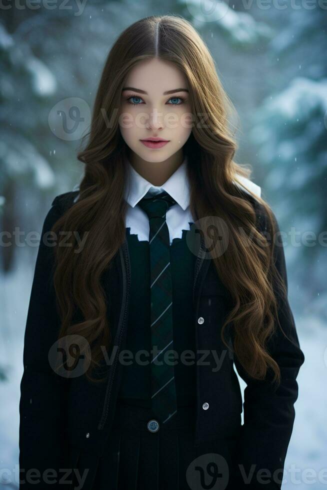 AI generated a beautiful Russian high school student girl in school uniform outdoors in winter photo