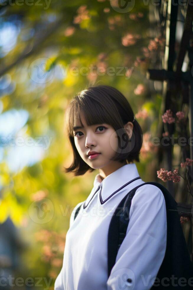 AI generated a gorgeous young japanese high school student girl with short hair in a school uniform outdoors photo