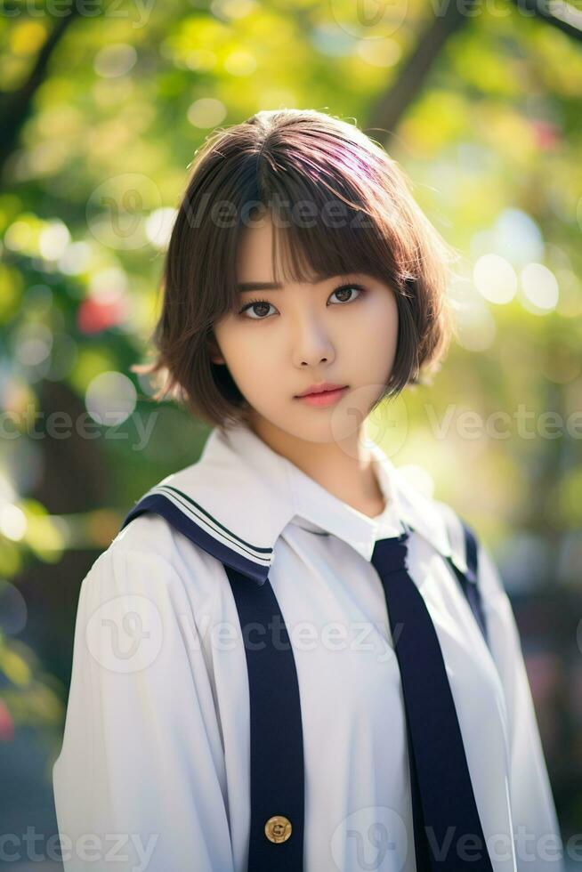 ai generado un maravilloso joven japonés alto colegio estudiante niña con corto pelo en un colegio uniforme al aire libre foto