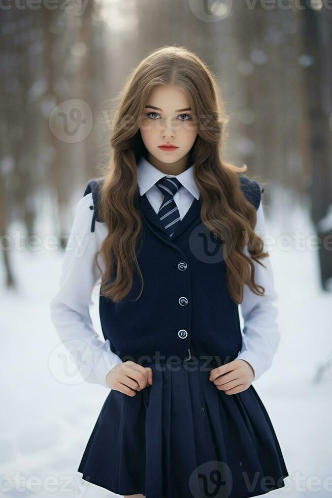 ai generado un hermosa ruso alto colegio estudiante niña en colegio uniforme al aire libre en invierno foto