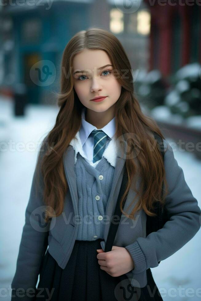 ai generado un hermosa ruso alto colegio estudiante niña en colegio uniforme al aire libre en invierno foto