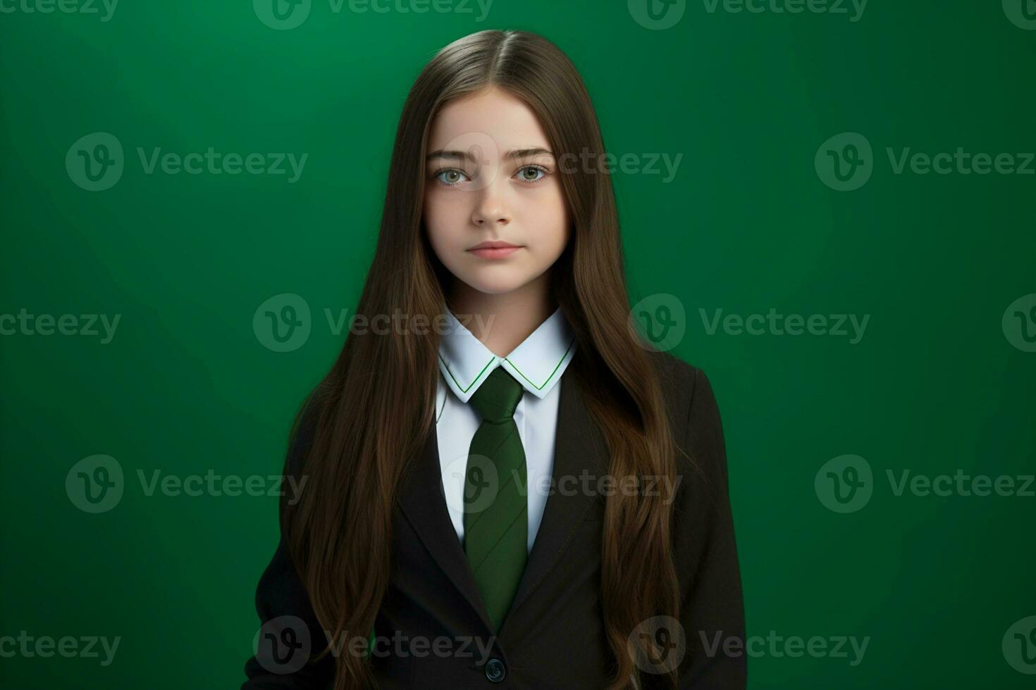 AI generated a beautiful young russian high school student girl in a school uniform isolated on a green background photo