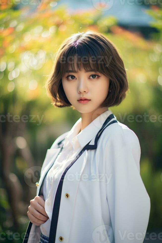 AI generated a gorgeous young japanese high school student girl with short hair in a school uniform outdoors photo