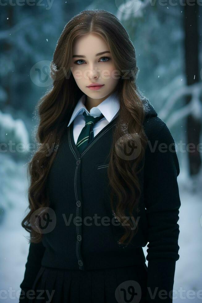 AI generated a beautiful Russian high school student girl in school uniform outdoors in winter photo