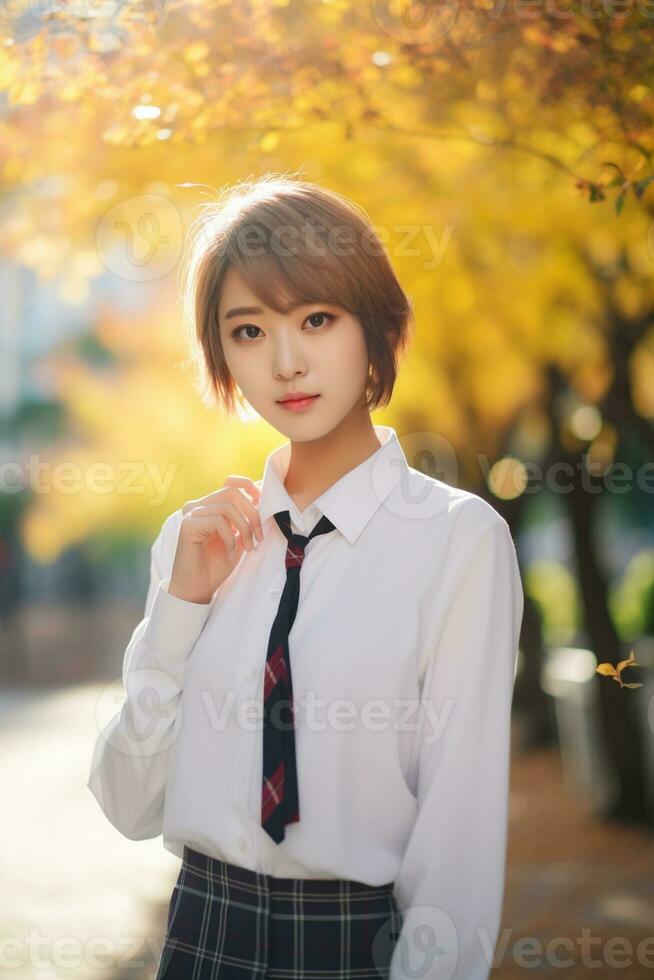 AI generated a gorgeous young japanese high school student girl with short hair in a school uniform outdoors photo