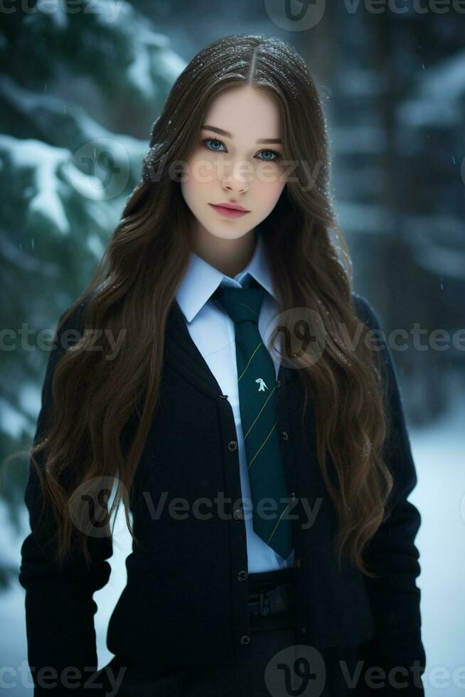 ai generado un hermosa ruso alto colegio estudiante niña en colegio uniforme al aire libre en invierno foto