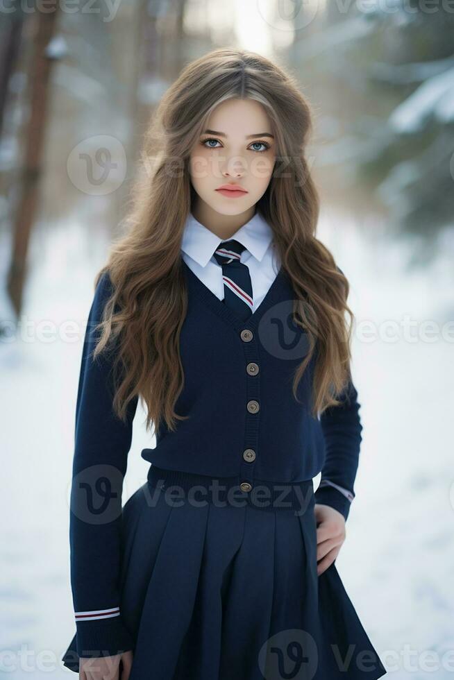 AI generated a beautiful Russian high school student girl in school uniform outdoors in winter photo