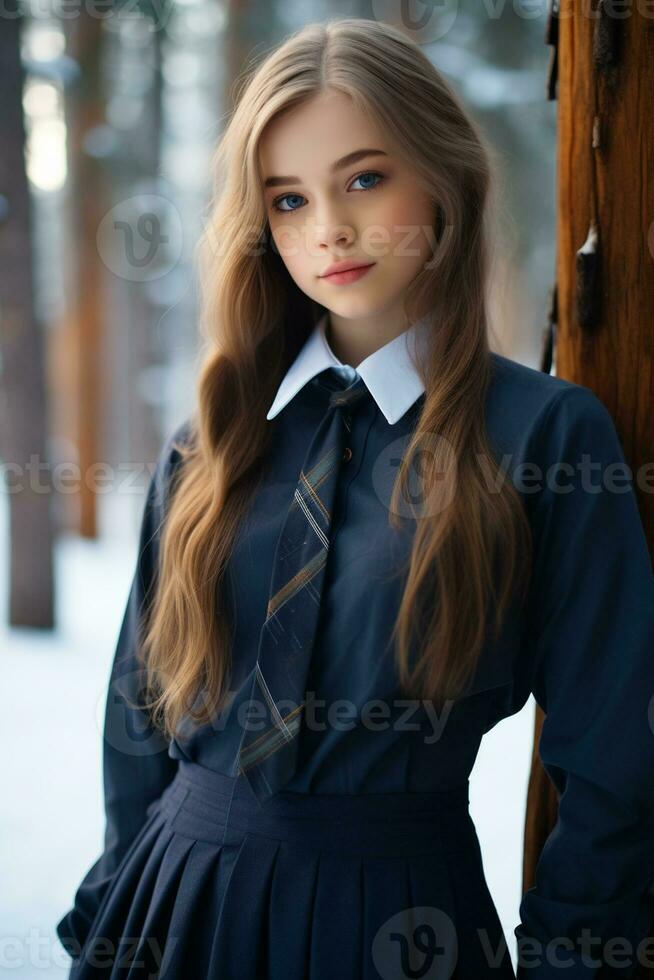 AI generated a beautiful Russian high school student girl in school uniform outdoors in winter photo