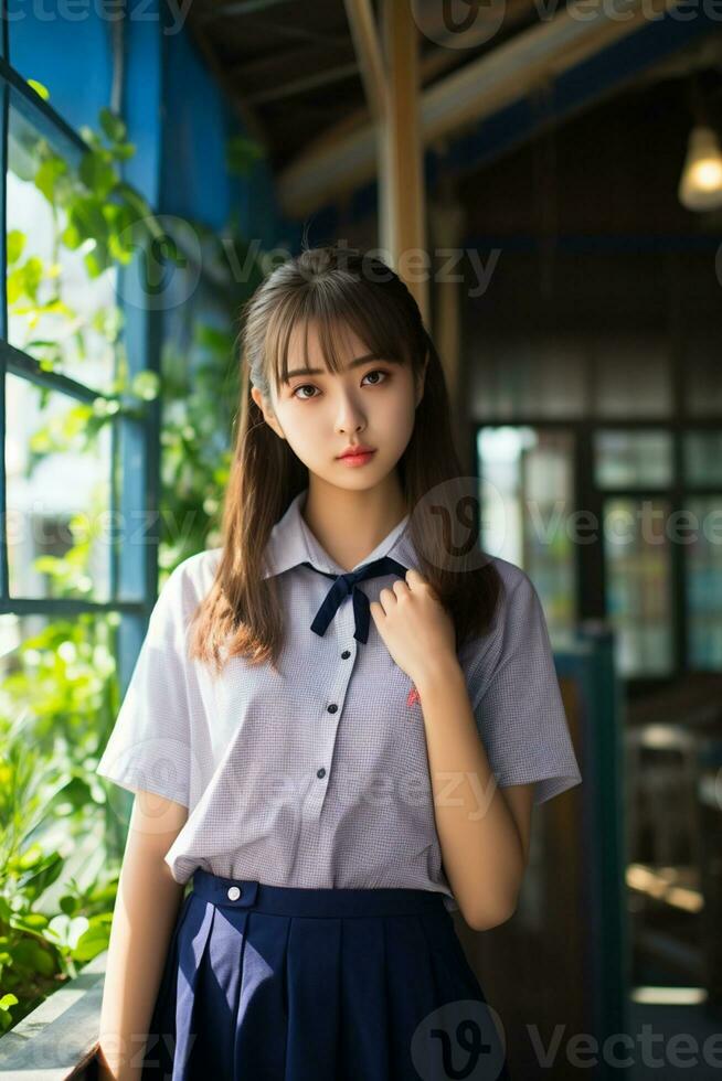 AI generated a beautiful asian young woman in school uniform outdoors photo