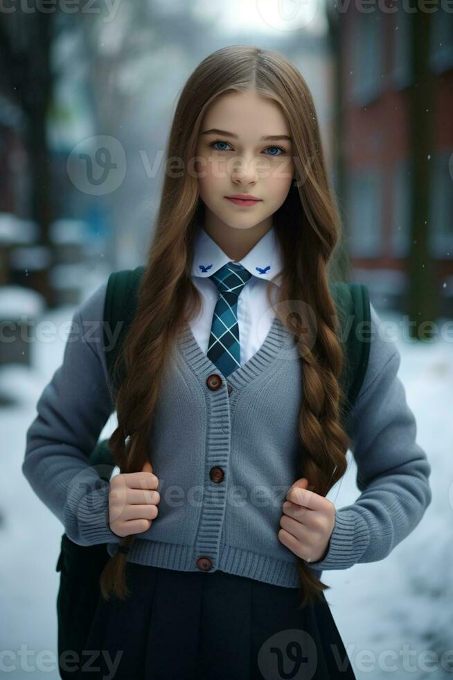 AI generated a beautiful Russian high school student girl in school uniform outdoors in winter photo