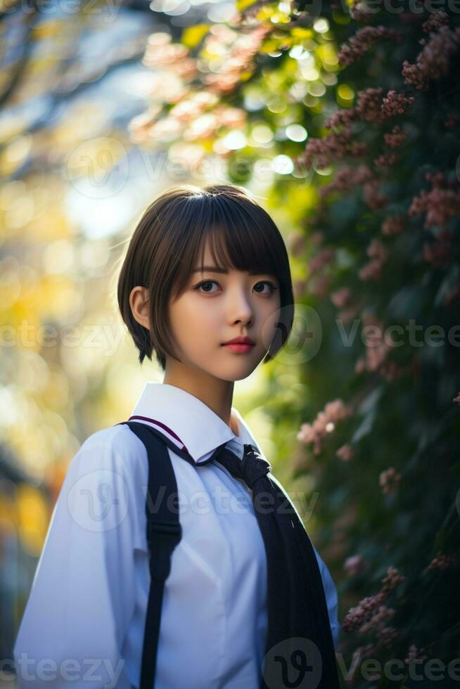 ai generado un maravilloso joven japonés alto colegio estudiante niña con corto pelo en un colegio uniforme al aire libre foto