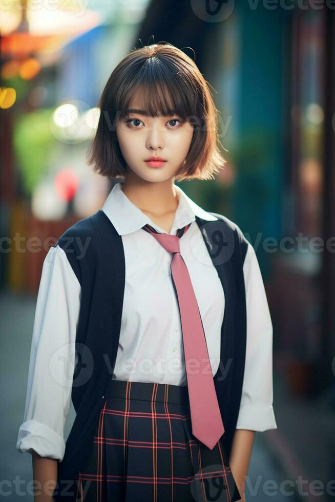 AI generated a beautiful young korean high school student girl with short hair in a school uniform outdoors photo