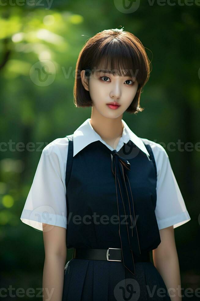 AI generated a beautiful young korean high school student girl with short hair in a school uniform outdoors photo