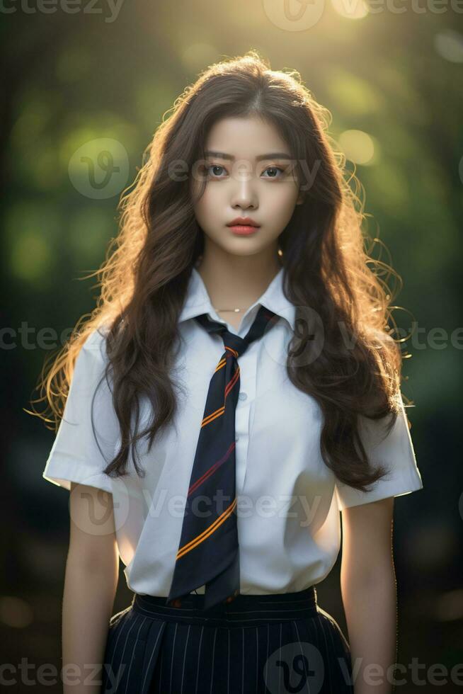 AI generated portrait of a beautiful young korean high school student girl with wavy hair in a school uniform outdoors photo