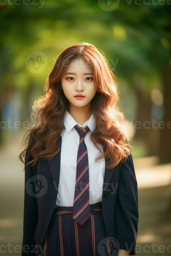 AI generated portrait of a beautiful young korean high school student girl with wavy hair in a school uniform outdoors photo