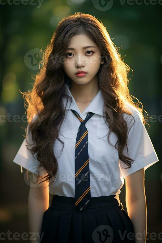ai generado retrato de un hermosa joven coreano alto colegio estudiante niña con ondulado pelo en un colegio uniforme al aire libre foto