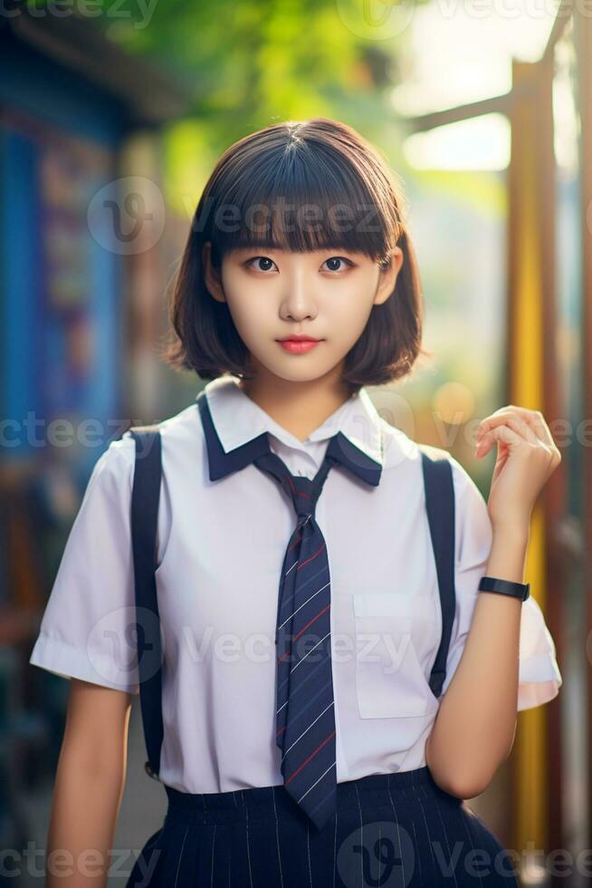 AI generated a beautiful young korean high school student girl with short hair in a school uniform outdoors photo