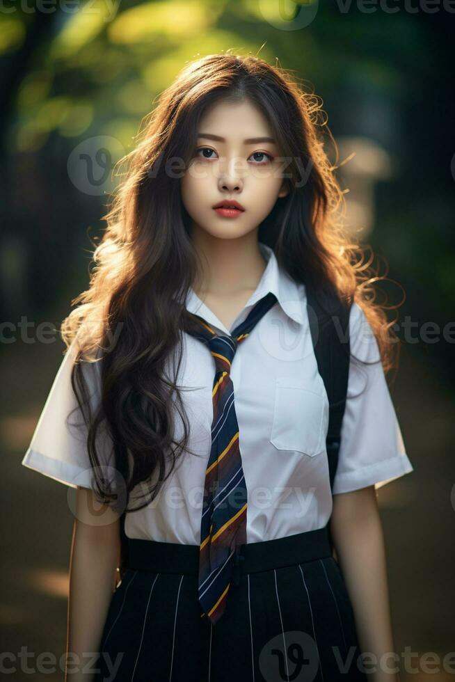 AI generated portrait of a beautiful young korean high school student girl with wavy hair in a school uniform outdoors photo