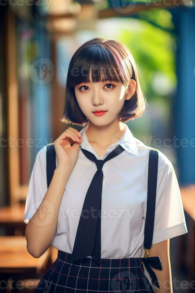 AI generated a beautiful young korean high school student girl with short hair in a school uniform outdoors photo