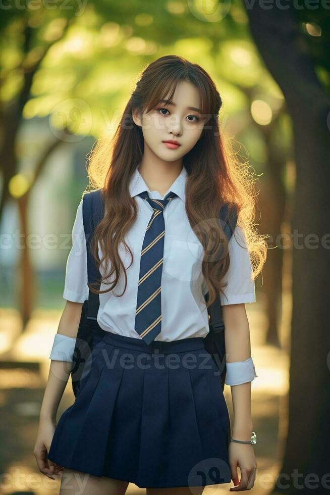 AI generated portrait of a beautiful young korean high school student girl with wavy hair in a school uniform outdoors photo