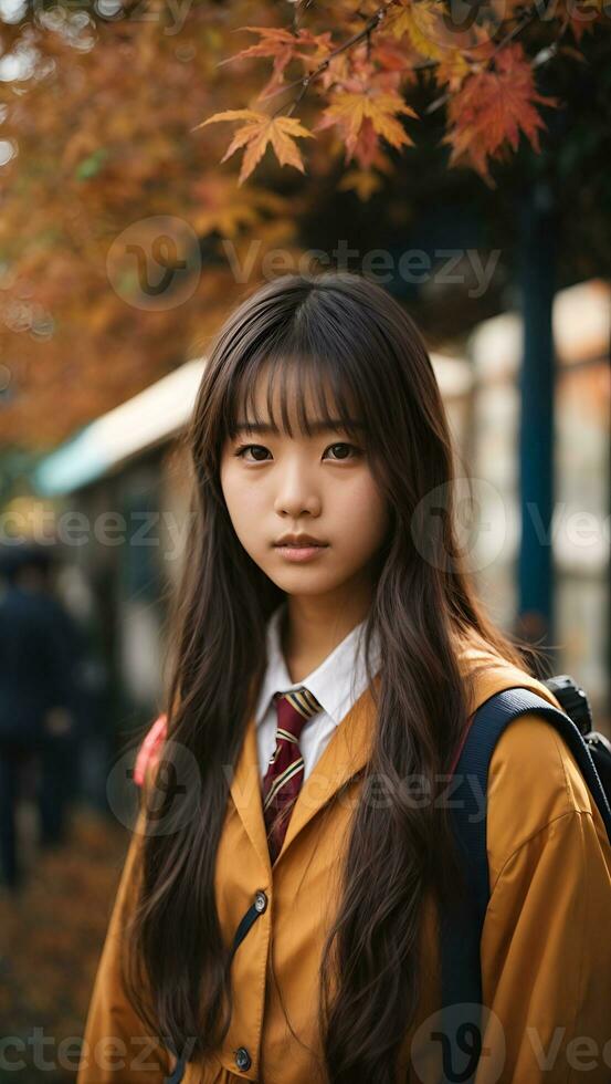 AI generated a young japanese school girl with long hair wearing school uniform and jacket photo
