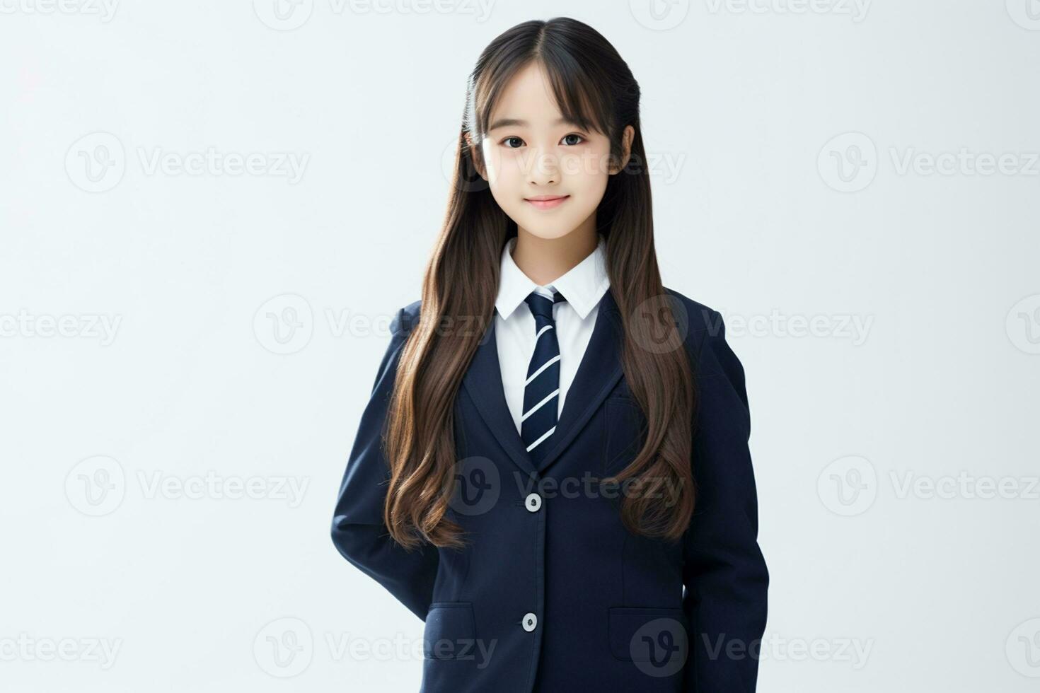 ai generado retrato de hermosa joven japonés alto colegio estudiante niña en un colegio uniforme aislado en un blanco antecedentes foto