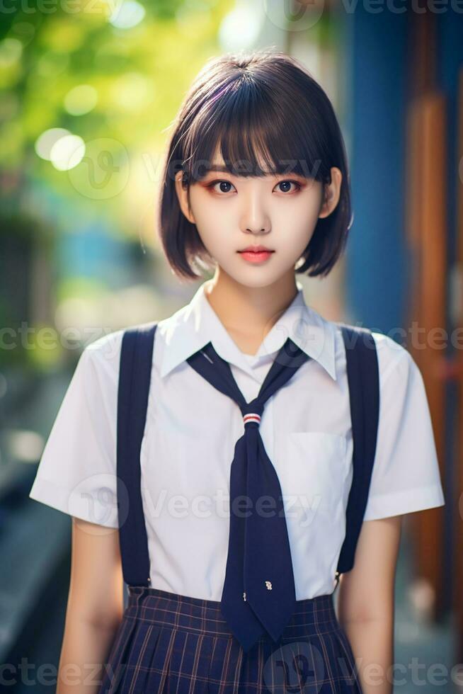 AI generated a beautiful young korean high school student girl with short hair in a school uniform outdoors photo