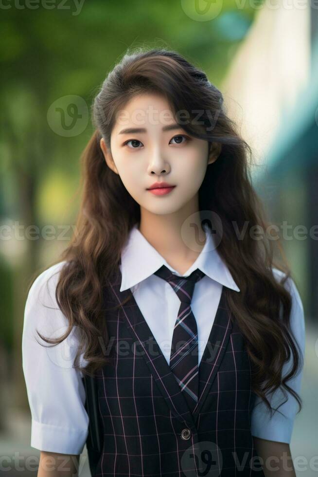 AI generated a young chinese high school student girl with wavy hair in a school uniform posing for a photo