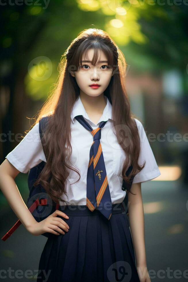 AI generated a young chinese high school student girl in a school uniform posing for a photo