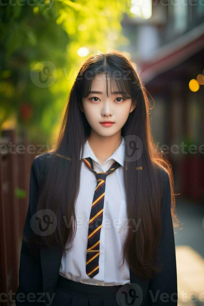 AI generated a young chinese high school student girl in a school uniform posing for a photo