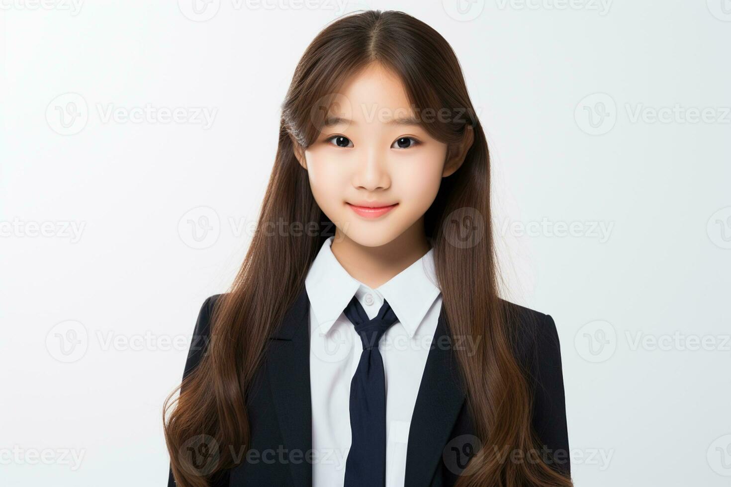 ai generado retrato de hermosa joven japonés alto colegio estudiante niña en un colegio uniforme aislado en un blanco antecedentes foto