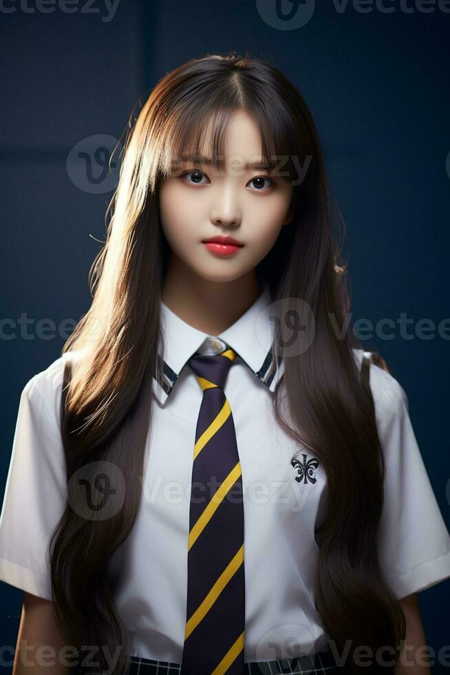 ai generado un hermosa joven coreano alto colegio estudiante niña en un colegio uniforme al aire libre foto