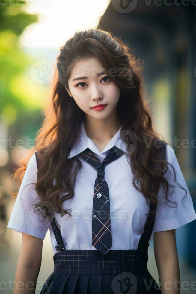 AI generated a young chinese high school student girl with wavy hair in a school uniform posing for a photo