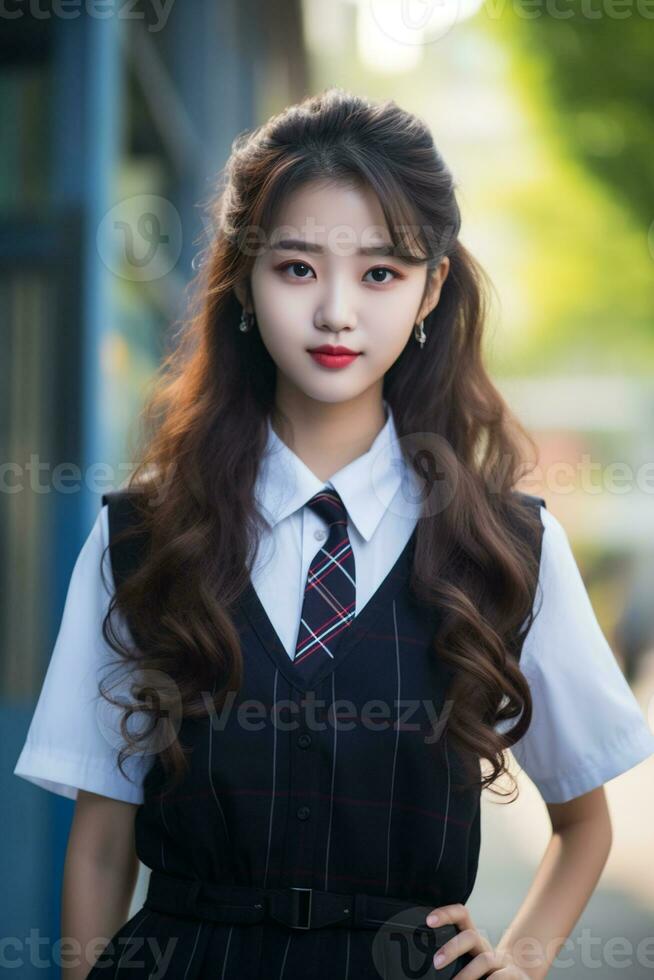 AI generated a young chinese high school student girl with wavy hair in a school uniform posing for a photo