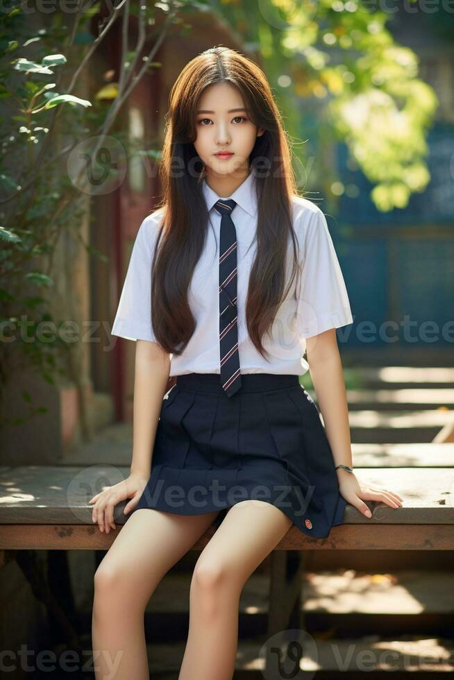 AI generated a young korean woman in school uniform sitting on a bench photo